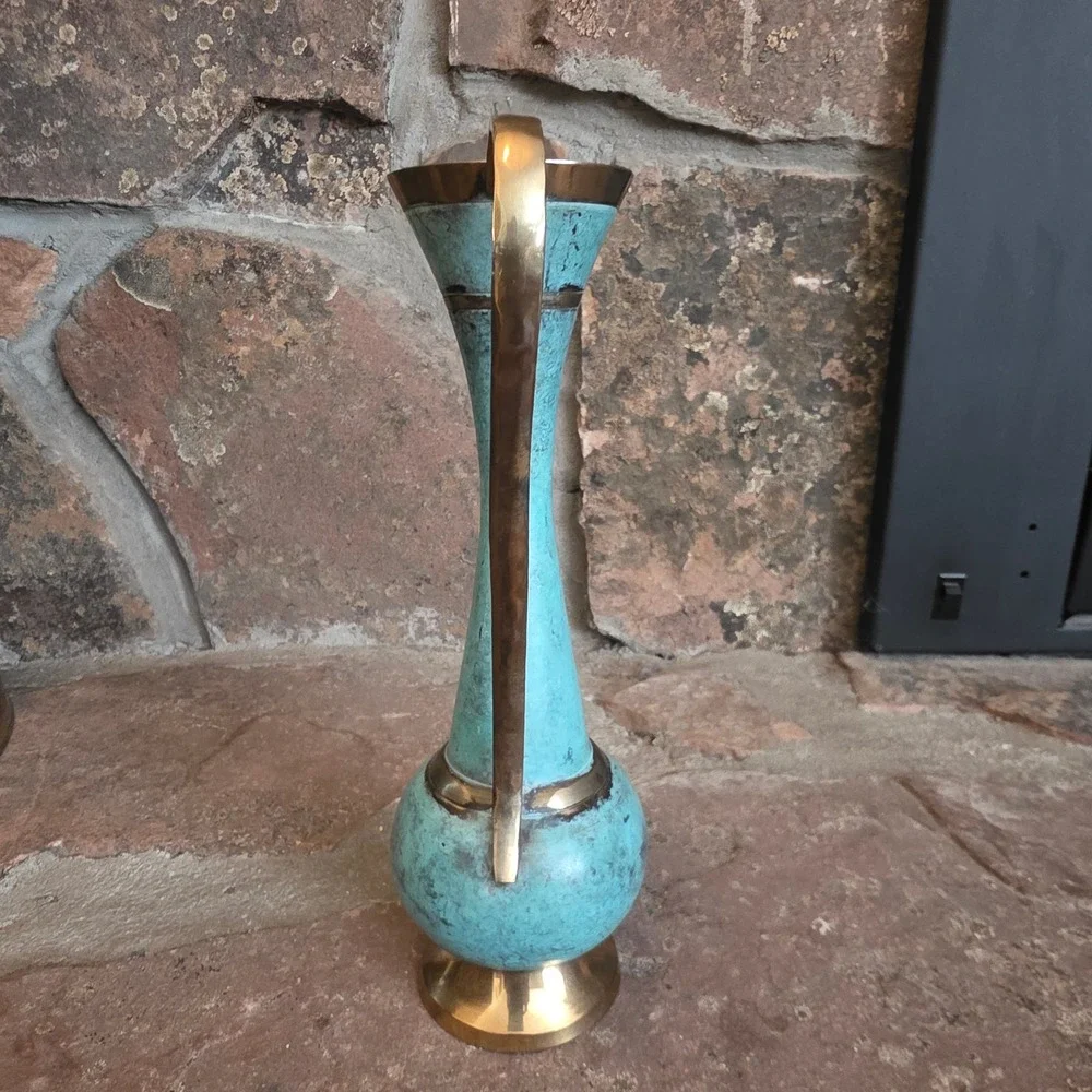 Vintage Brass Turquoise Verdigris Pitcher Bud Vase Decorative Handle 11